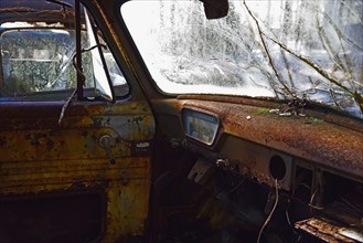 Rusty interior of abandoned truck with cracked windshield