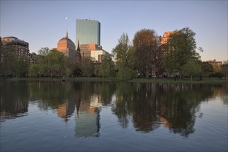 Buildings in Copley Square in Boston Public Garden pond