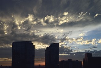 Dramatic sky over Downtown District at dusk
