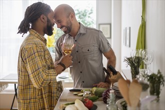 Smiley homosexual couple drinking wine in kitchen.