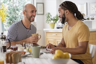Smiley homosexual couple having breakfast in kitchen.