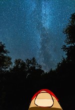 Tent in forest against stars on night sky