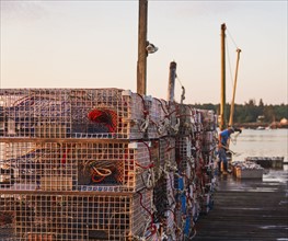 Stacks of lobster traps on jetty at sunrise with man working in background