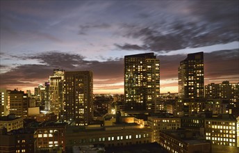 Dusk lights over cityscape