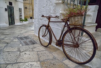 Old rusty bicycle with flower basket by steps