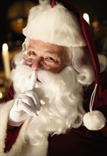Portrait of Santa Claus with finger on lips.