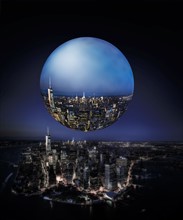 Large bubble over city reflection. USA, New York, New York City.