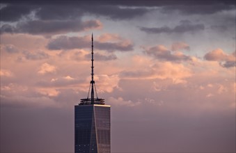 One World Trade Center against sky at dusk. USA, New York, New York City.