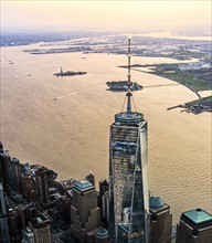 Aerial view of One World Trade Centre at dusk. USA, New York, New York City.