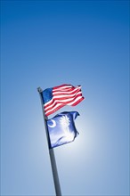 American and South Carolina State flags against clear sky