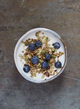 Yogurt with granola and blueberries