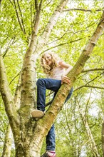 Girl (8-9) climbing tree