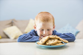 Girl (2-3) looking on plate of cookies