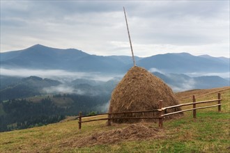 Haystack on field in mountains
