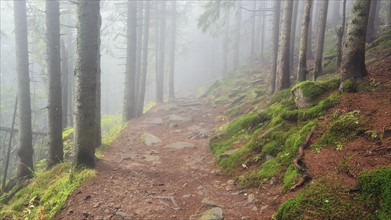 Footpath in forest in fog