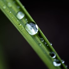 Close-up of dew drops on blade of grass.