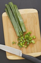 Overhead view of sliced green onion on cutting board