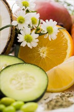 Flower and slices of cucumber and orange