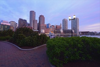 Massachusetts, Boston, City waterfront at dusk