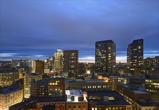 Massachusetts, Boston, City skyline at dusk
