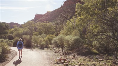 Australia, Outback, Northern Territory, Red Centre, West Macdonnel Ranges, Kings Canyon, Woman walking down mountain road