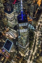 USA, New York, New York City, Manhattan, Aerial view of illuminated World Trade Center at night.