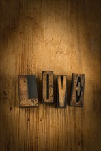 Wooden blocks spelling 'love'.