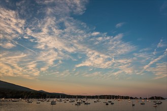 USA, Maine, Camden, Sailboats at sunset