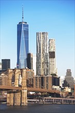 USA, New York State, New York City, Manhattan, City panorama with Brooklyn Bridge