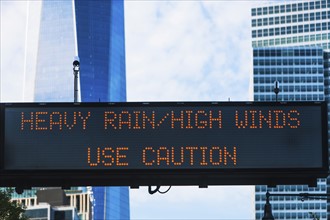 USA, New York State, New York City, Manhattan, Weather warning sign in city