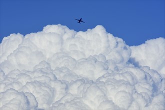 Airplane flying over large cloud
