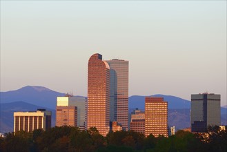 USA, Colorado, Denver, Skyline in background at dawn