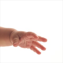 Hand of baby (6-11 months) on white background.