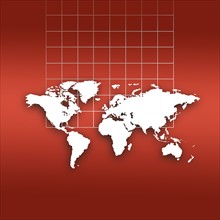 World map outlines and grid on red background.