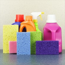 Detergent bottles and sponges.