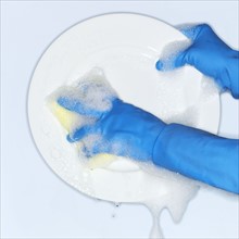 Hands in blue gloves washing plate.