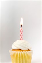 Cupcake with birthday candle.
