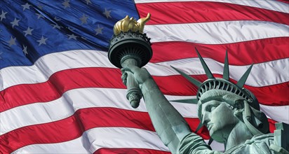 USA, New York State, New York City, Part of Statue of Liberty against american flag.