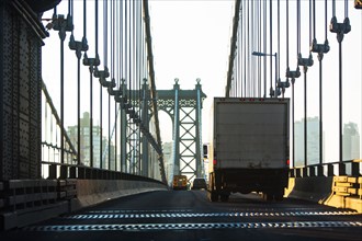 USA, New York, New York City, Semi- truck on Brooklyn Bridge