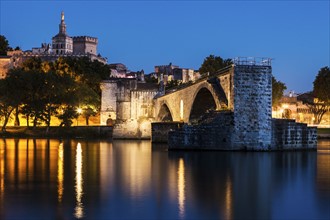 France, Provence-Alpes-Cote d'Azur, Avignon, Old town, embankment in foreground