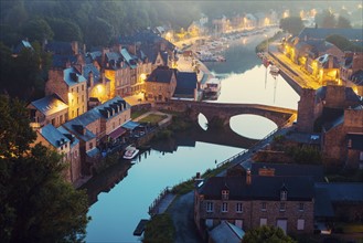 France, Brittany, Dinan, Cityscape with river at dawn