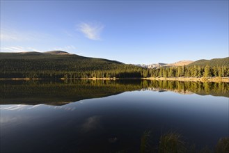 USA, Colorado, Mount Evans and forest reflecting in Echo Lake