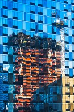USA, New York State, New York City, Detail of glass facade with reflections
