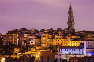 Portugal, Norte, Porto, Old Town of Porto with Clerigos Tower at sunrise