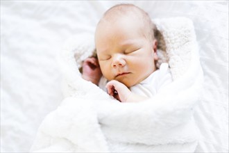 Baby boy (2-5 months) sleeping in white blanket