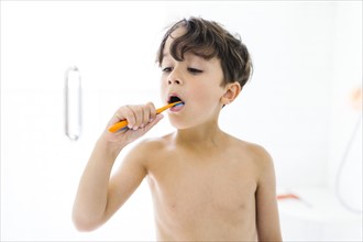 Portrait of boy (6-7 ) brushing teeth