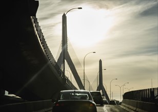 USA, Massachusetts, Boston, Traffic on ramp of Leonard P. Zakim Bridge