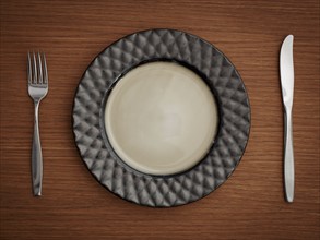 Studio shot of plate with fork and knife