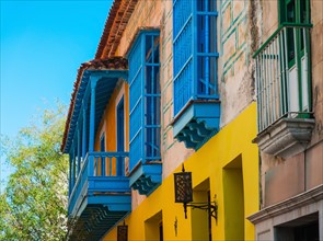 Cuba, Havana, Building exterior with blue windows