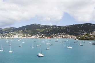 USA, Virgin Islands, Saint Thomas, Bay of water full of yachts